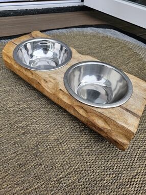 Large Wooden Double Pet Bowl Stand with Removable Stainless Steel Bowls